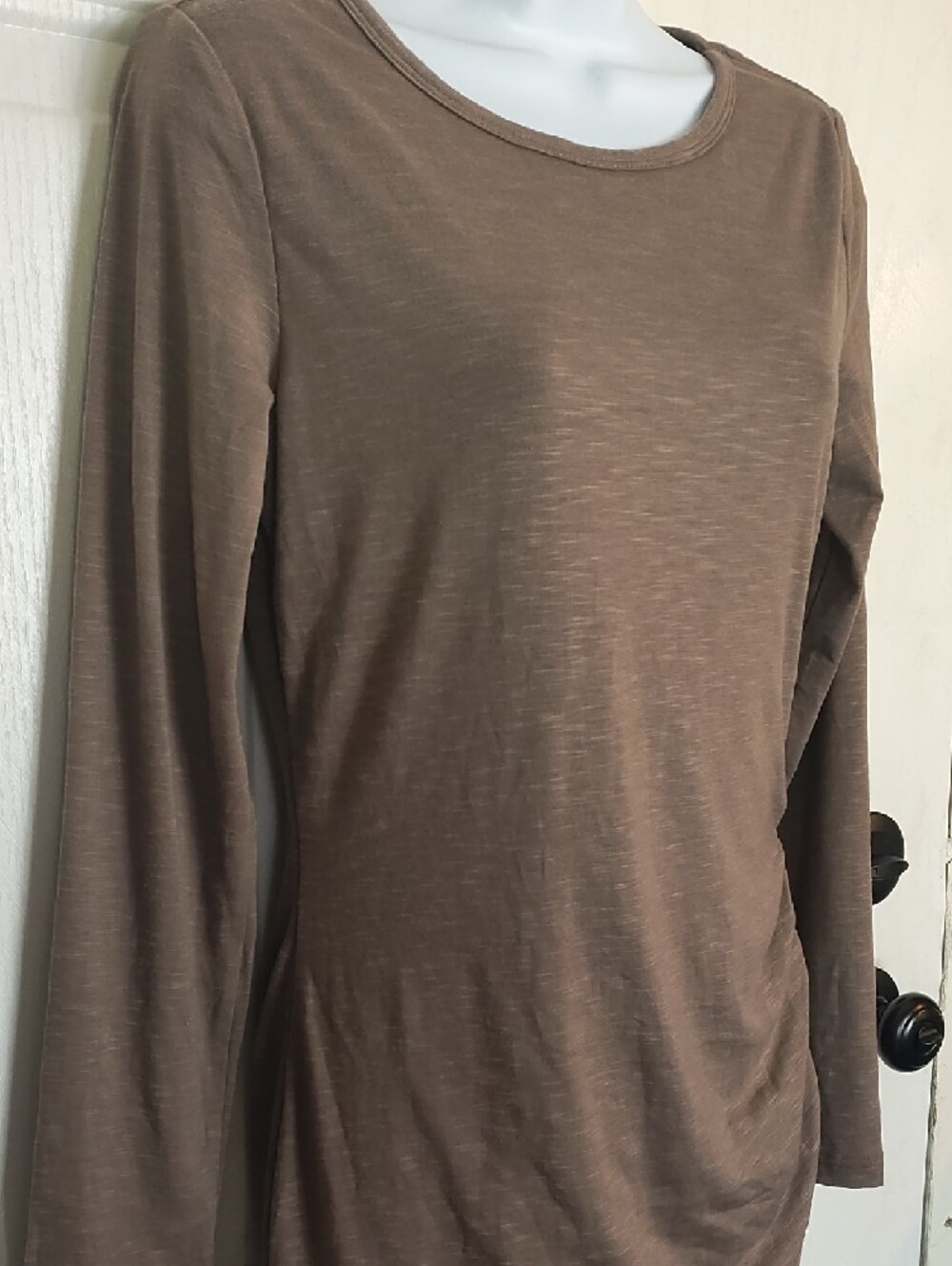 Ruched Long-Sleeve Olive Dress with Overlap Hem - Picture 5 of 13